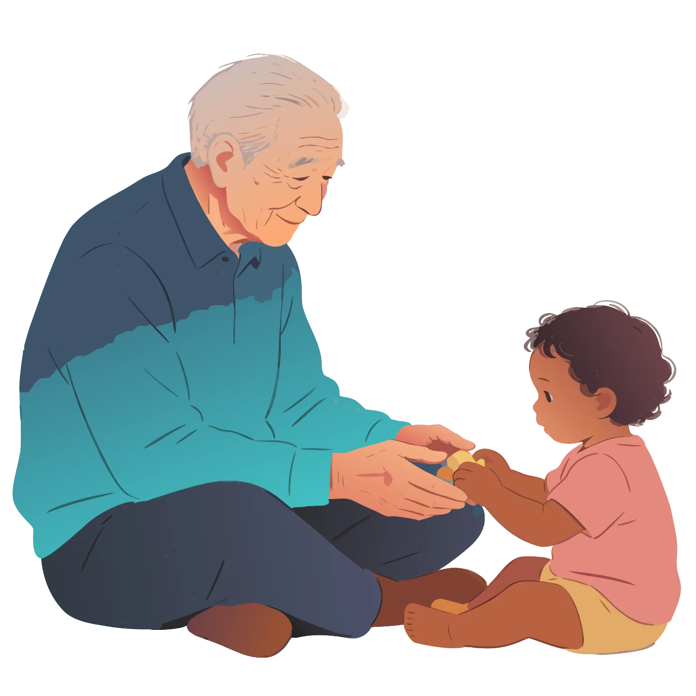 Illustration of an older adult sitting on the floor playing with a small child