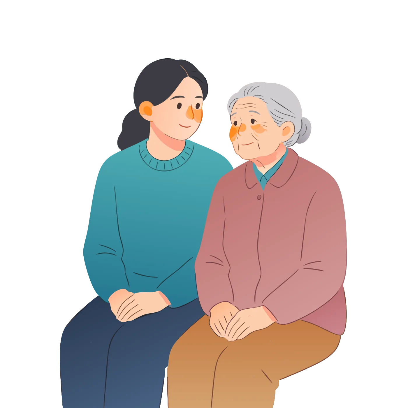 Illustration of a person sitting gently beside an elderly parent